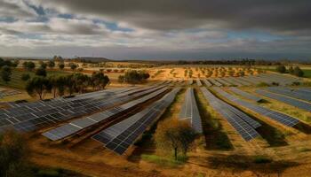 Sonne setzt auf Wind Bauernhof, Stromversorgung Industrie generiert durch ai foto
