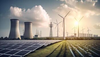 Wind Turbinen Geschirr Naturen Leistung zum Elektrizität generiert durch ai foto