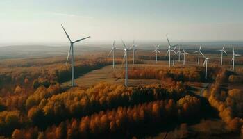 Wind Turbinen Spinnen im Reihen, Stromversorgung Häuser generiert durch ai foto