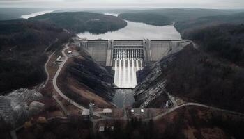 Berg Leistung Wasserkraft Pflanze gibt nachhaltig Energie generiert durch ai foto