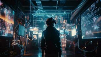 Männer im Anzüge Arbeit auf futuristisch Cyborg Überwachung generiert durch ai foto