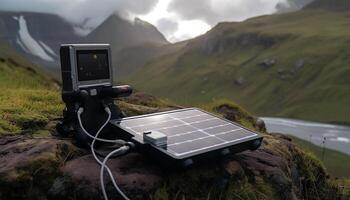 Solar- Panel oben auf Berg Gipfel Geschirre Sonnenlicht generiert durch ai foto