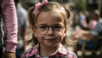 lächelnd Mädchen genießen Sommer- draußen mit Familie generiert durch ai foto