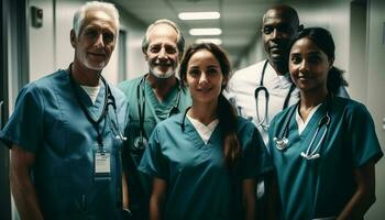 medizinisch Mannschaft posiert glücklich im das Krankenhaus generiert durch ai foto