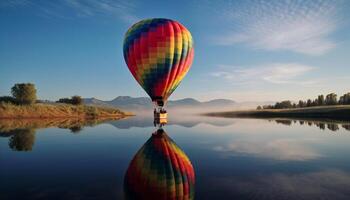 heiß Luft Ballon schwimmt Über beschwingt Landschaft generiert durch ai foto