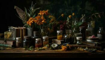 Kräuter- Medizin im Alchimie Flasche mit Blatt Hintergrund generiert durch ai foto