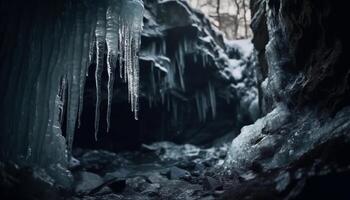 gefroren Stalaktit, Eiszapfen hängt im eisig Grotte generiert durch ai foto