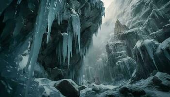 gefroren Wasserfälle glühen Blau im Berg Grotte generiert durch ai foto