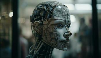 futuristisch Cyborg Männer mit metallisch Roboter Waffen Arbeiten generiert durch ai foto