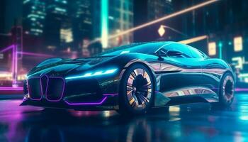 modern Sport Auto Geschwindigkeiten durch Stadt, beleuchtet durch futuristisch Scheinwerfer generiert durch ai foto