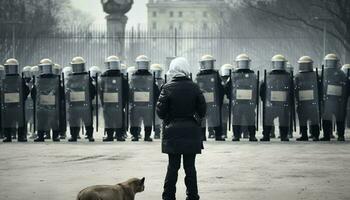 bewaffnet Kräfte Parade im Stadt, Bewachung mit Gewehre und Hunde generiert durch ai foto