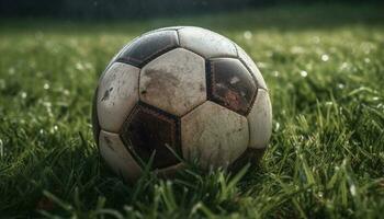 Erfolg im Fußball Wettbewerb auf Grün Rasen mit Sport Ausrüstung generiert durch ai foto