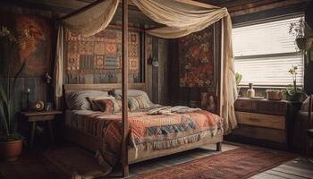 komfortabel modern Schlafzimmer mit elegant Holz Design und luxuriös Bettwäsche generiert durch ai foto