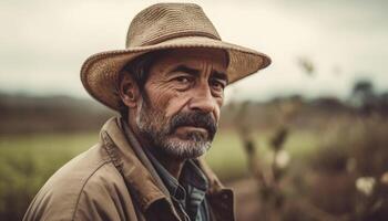 lächelnd Senior Farmer suchen beim Kamera im ländlich Herbst Szene generiert durch ai foto