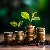 finanziell Wachstum blüht Sämlinge auf gestapelt Münzen, ein beschwingt Symbol von Investition und Ersparnisse generativ ai foto