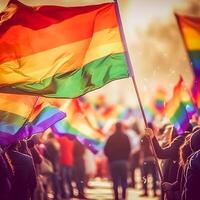 Erfassen Liebe im Bewegung ein Sanft Fokus Romantik Porträt von Menschen winken Flaggen beim das Stolz Parade generativ ai foto