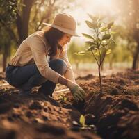 Pflanzen Bäume zum ein nachhaltig Zukunft. Gemeinschaft Garten und Umwelt Erhaltung - - fördern Lebensraum Wiederherstellung und Gemeinschaft Engagement auf Erde Tag generativ ai foto