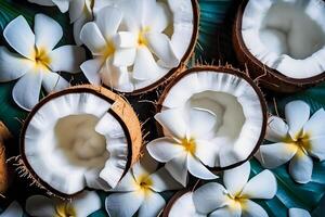 Kokosnuss Scheiben mit Blätter und Blumen zum Sommer- ästhetisch generativ ai foto