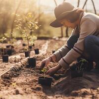 Pflanzen Bäume zum ein nachhaltig Zukunft. Gemeinschaft Garten und Umwelt Erhaltung - - fördern Lebensraum Wiederherstellung und Gemeinschaft Engagement auf Erde Tag generativ ai foto