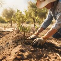 Pflanzen Bäume zum ein nachhaltig Zukunft. Gemeinschaft Garten und Umwelt Erhaltung - - fördern Lebensraum Wiederherstellung und Gemeinschaft Engagement auf Erde Tag generativ ai foto