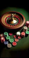 hölzern Roulette Rad und bunt Kasino Zeichen oder Poker Chips gegen Grün Hintergrund. Kasino Glücksspiel Konzept. generativ ai. foto