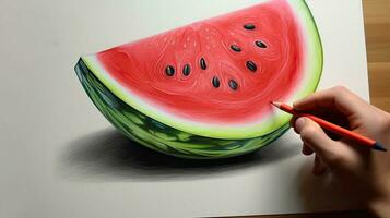 3d Kunst präsentieren Bild von Hand Zeichnung realistisch Wassermelone Schnitt Scheibe mit Bleistift. generativ ai. foto