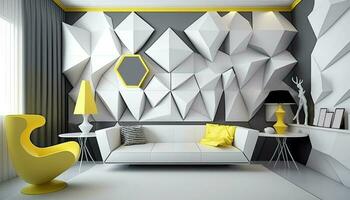 modern Leben Zimmer mit Sessel, Sofa, Tabelle Lampen und 3d geometrisch Design auf das Mauer. generativ ai Technologie. foto