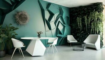 Ultra modern Terrasse Design mit komfortabel Essen Tisch, Sessel und Pflanze Töpfe. generativ ai Technologie. foto