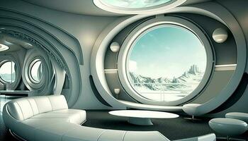 luxuriös Leben Zimmer von futuristisch Raum Schiff mit Glas Fenster Angebot ein atemberaubend Aussicht von schneebedeckt Berg Landschaft und mit Möbel. generativ ai. foto