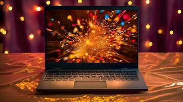 atemberaubend Foto von Explosion Feuerwerk im Laptop oder Notizbuch Computer Bildschirm mit glänzend zerknittert Stoff dekoriert Beleuchtung Hintergrund. generativ ai Technologie.