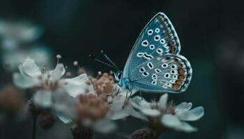 Blau Schmetterling landet auf Gelb Blume Blütenblatt generiert durch ai foto