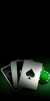 spielen Karten und Kasino Chips auf dunkel Grün Hintergrund mit Kopieren Raum. Glücksspiel Konzept. generativ ai Technologie. foto