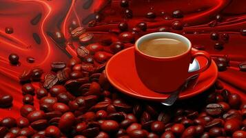 ein Tasse von heiß Kaffee mit geröstet Bohnen auf glänzend rot zerknittert Stoff Hintergrund. generativ ai. foto