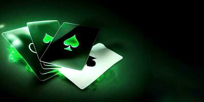 glühend spielen Karten und Kopieren Raum auf Grün Hintergrund zum Glücksspiel Konzept. generativ ai Technologie. foto