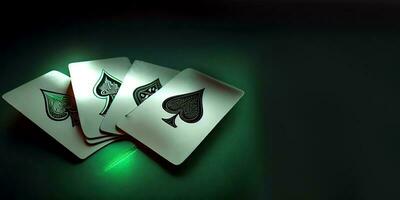 spielen Karten von Spaten gegen dunkel Grün Hintergrund. Kasino Spiel und Glücksspiel Konzept. generativ ai Technologie. foto