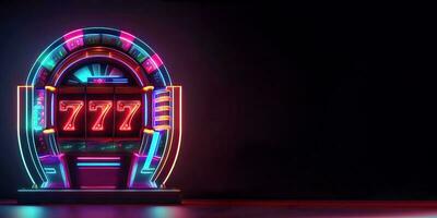 Neon- Beleuchtung Slot Maschine mit 777 Symbol auf dunkel Hintergrund. Kasino Spiel Konzept, generativ ai Technologie. foto