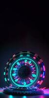 3d machen von glühend Neon- Roulette Rad mit Fackeln auf dunkel Hintergrund, Kasino Spiel Konzept. generativ ai Technologie. foto