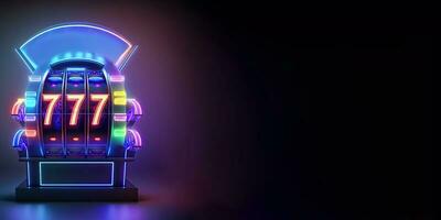 bunt glühend Neon- Slot Maschine mit 777 Symbol auf dunkel Hintergrund, Kasino Spiel Konzept. generativ ai Technologie. foto