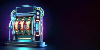 glühend Neon- Slot Maschine mit verdreifachen einer Symbol auf dunkel Hintergrund, Kasino Spiel Konzept. generativ ai Technologie. foto