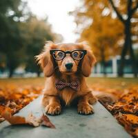 süß wenig Hund im Gläser, Bogen binden, gegen das Hintergrund von ein verschwommen Herbst Park. Haustier im stilvoll Zubehör. generativ ai foto
