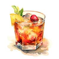 Brandy. Aquarell Illustration von ein Gelb Cocktail mit Eis auf ein Weiß Hintergrund. ai generiert foto