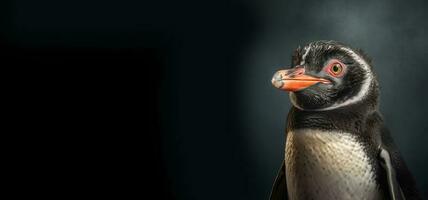 Porträt von ein nass Pinguin auf ein schwarz Hintergrund. generativ ai. foto