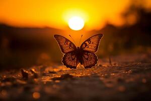 einer Schmetterling steht silhouettiert gegen ein Gelb Sonnenuntergang. ai generativ foto