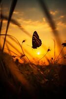 einer Schmetterling steht silhouettiert gegen ein Gelb Sonnenuntergang. ai generativ foto