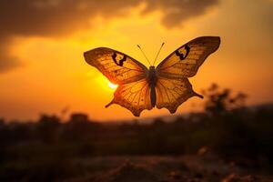 einer Schmetterling steht silhouettiert gegen ein Gelb Sonnenuntergang. ai generativ foto