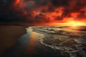 sandig Strand entlang ein Ozean beim Sonnenaufgang mit dunkel Wolken von rot und orange. ai generativ foto