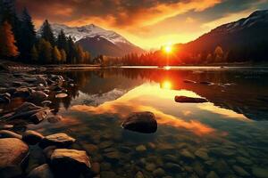 Bild ein fesselnd Szene von ein still See beim Sonnenuntergang. ai generativ foto