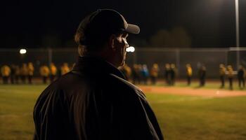 von hinten beleuchtet Baseball Spieler spielen beim Nacht im Stadt generiert durch ai foto