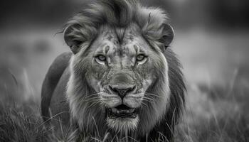 majestätisch Löwin starren, Zähne entblößt im Aggression generiert durch ai foto