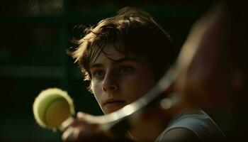 konzentriert kaukasisch Junge spielen wettbewerbsfähig Tennis drinnen generiert durch ai foto